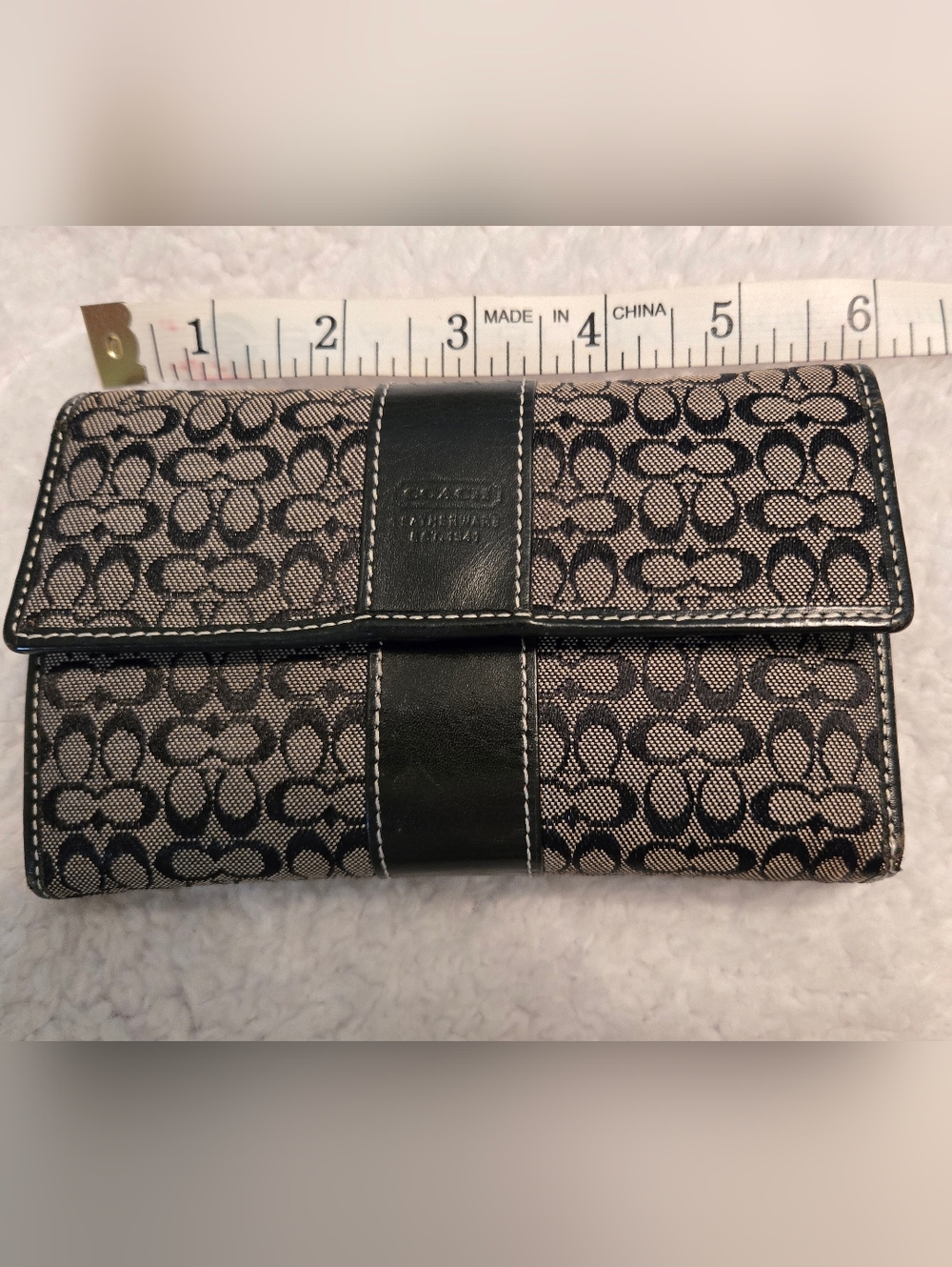 Coach Black Leather, Signature Jacquard Fabric Wallet, Trifold Snap Closure